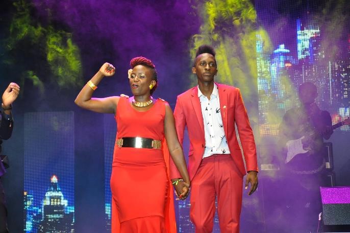 Sandra Suubi the winner of the Airtel Trace Music Star celebartes with Bruno Kiggundu the first runner up of the competition